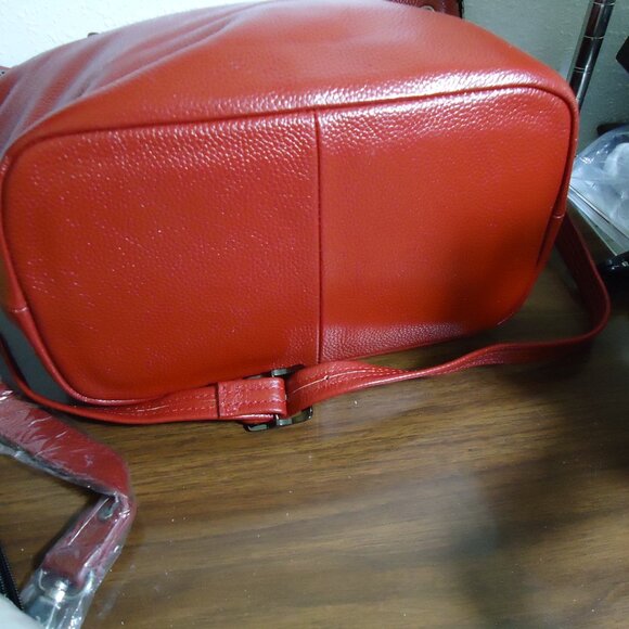 LN Damero Red Leather 2 Way Carry Drawstring Bucket Bag 2 Tassels As Is - Picture 3 of 12